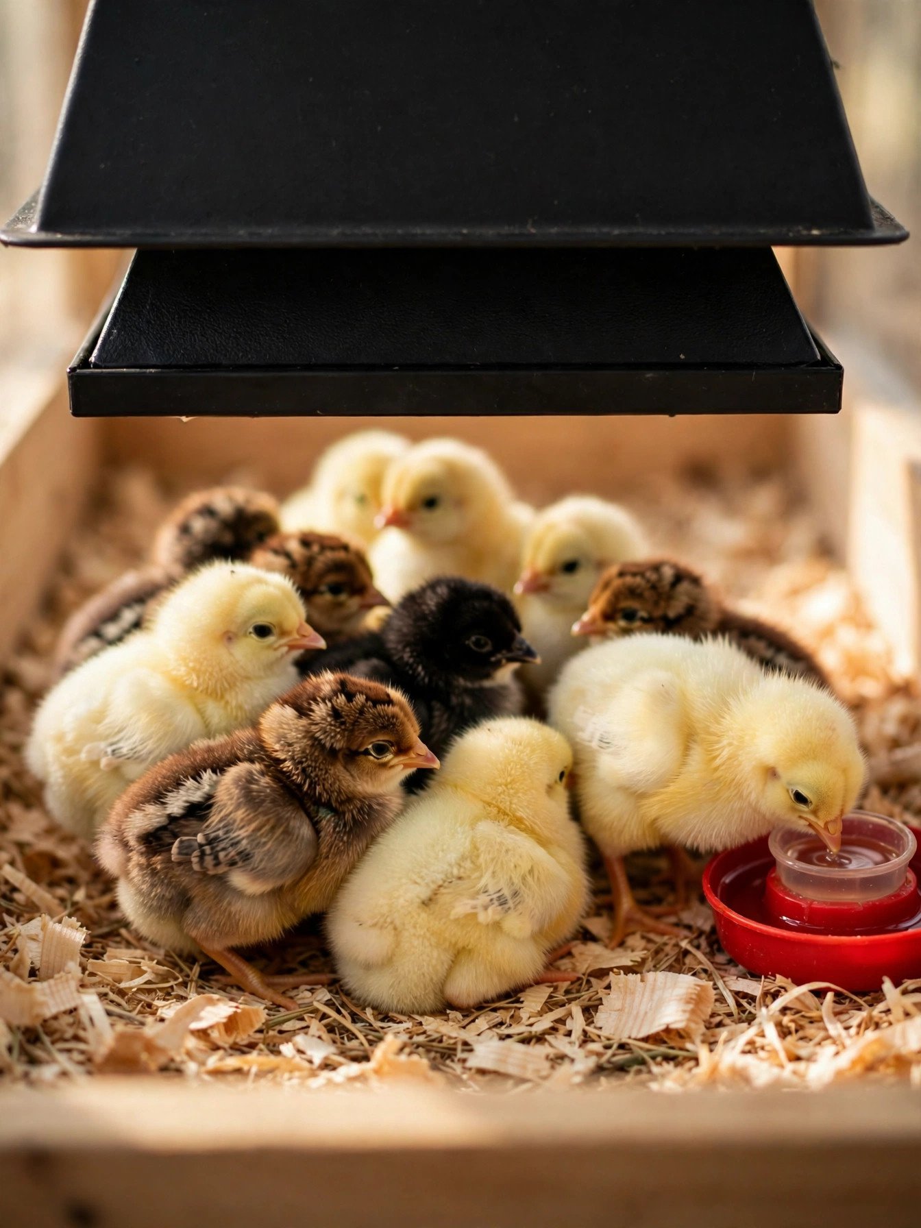Fluffy baby chicks under a heat plate in a clean brooder with pine shavings