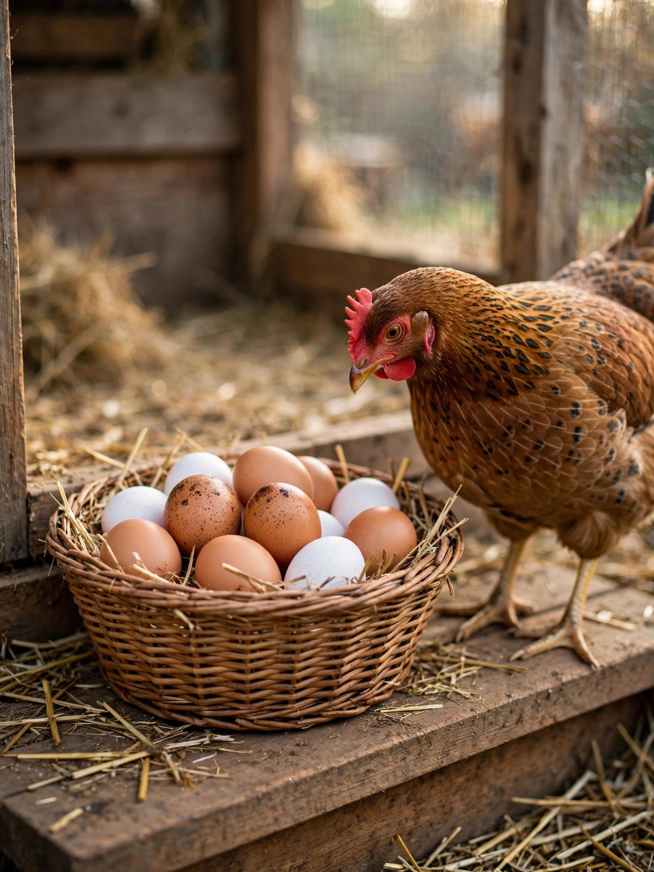 A basket of fresh brown and white eggs on the step of a chicken coop with a hen beside it