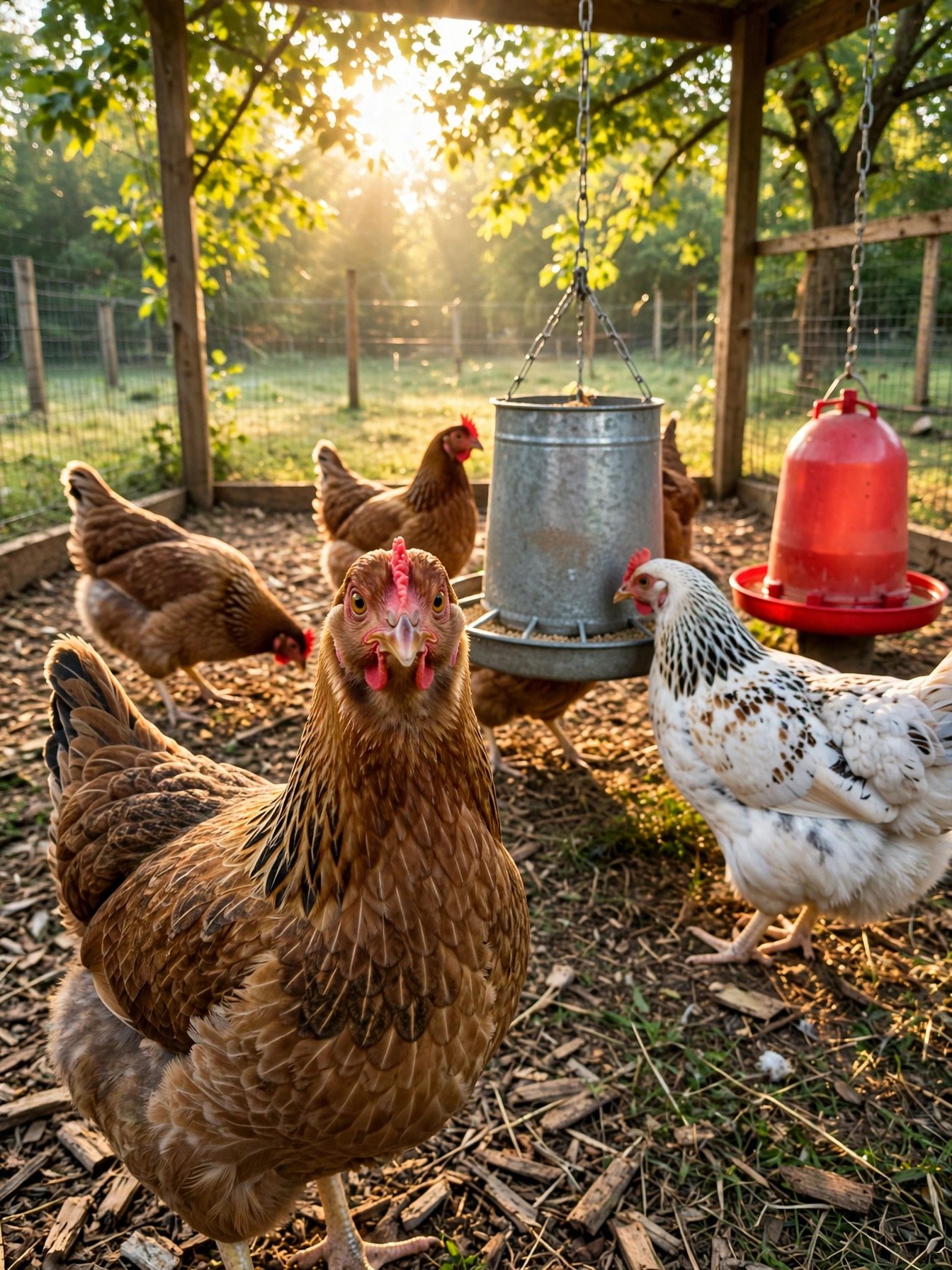 Hens gathered around a hanging feeder and waterer in a sunny chicken run