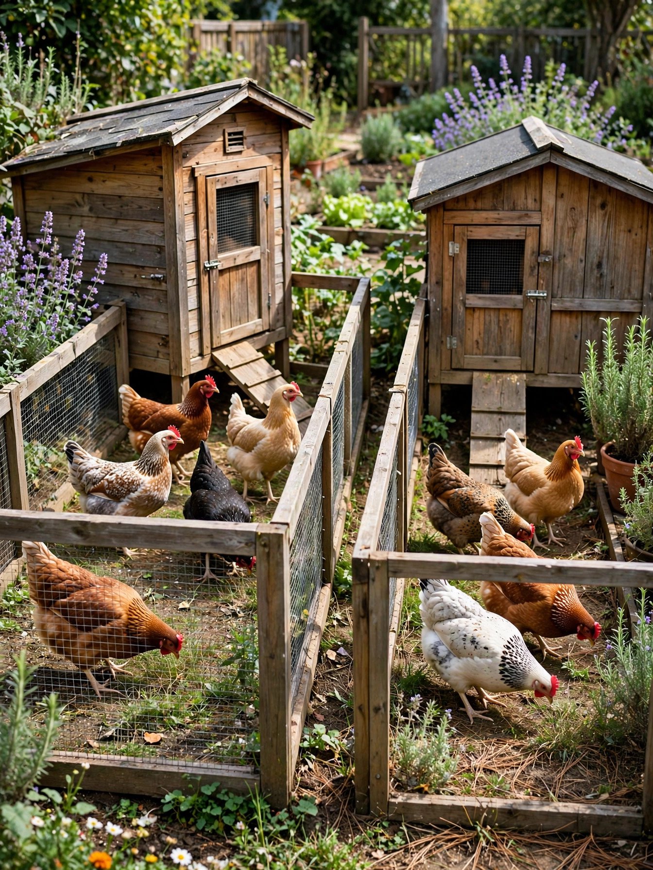 Two medium wooden chicken coops side by side inside one large fenced run