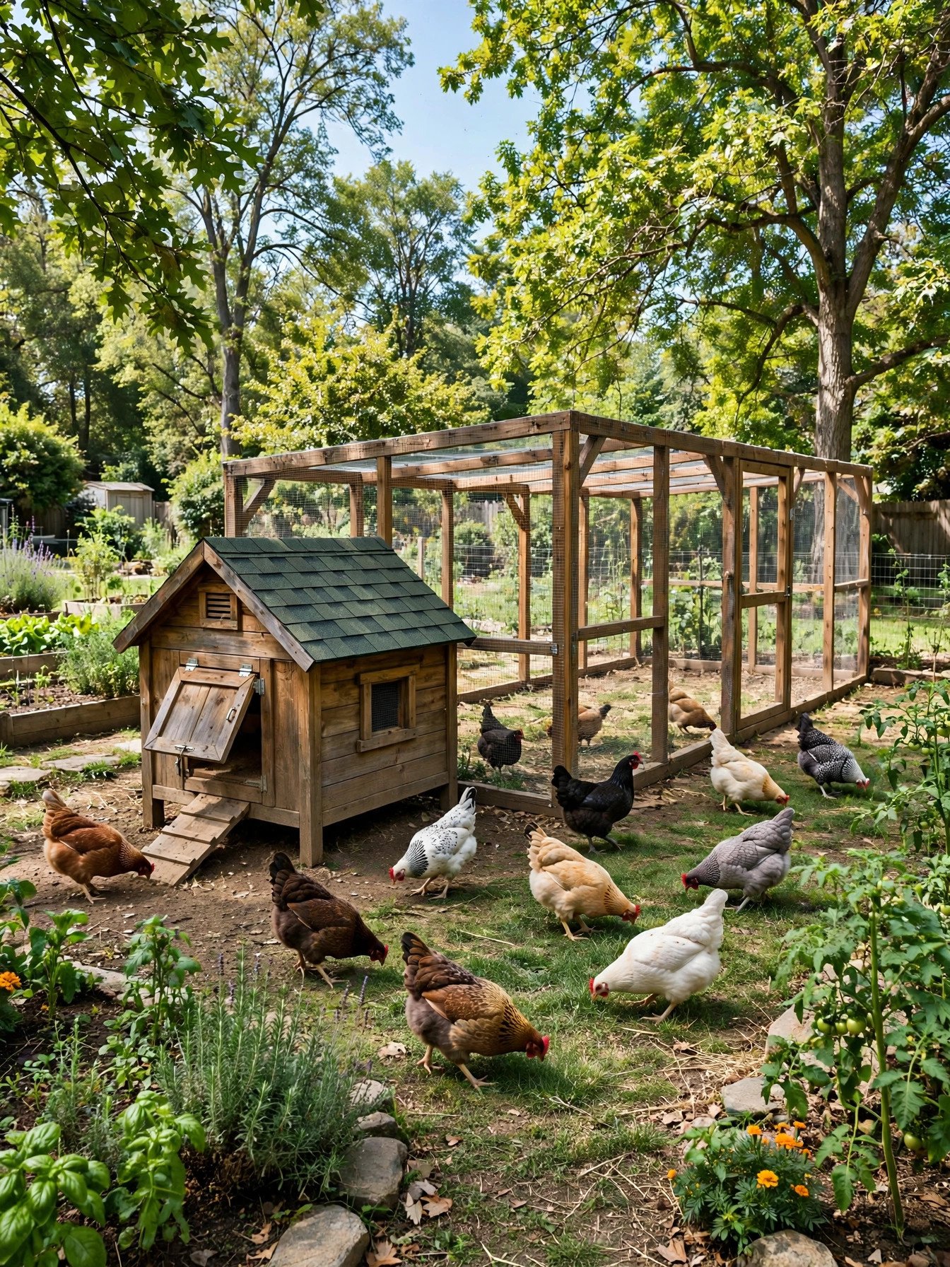 Ten hens spread out in a large walk in run with a wooden coop at one end