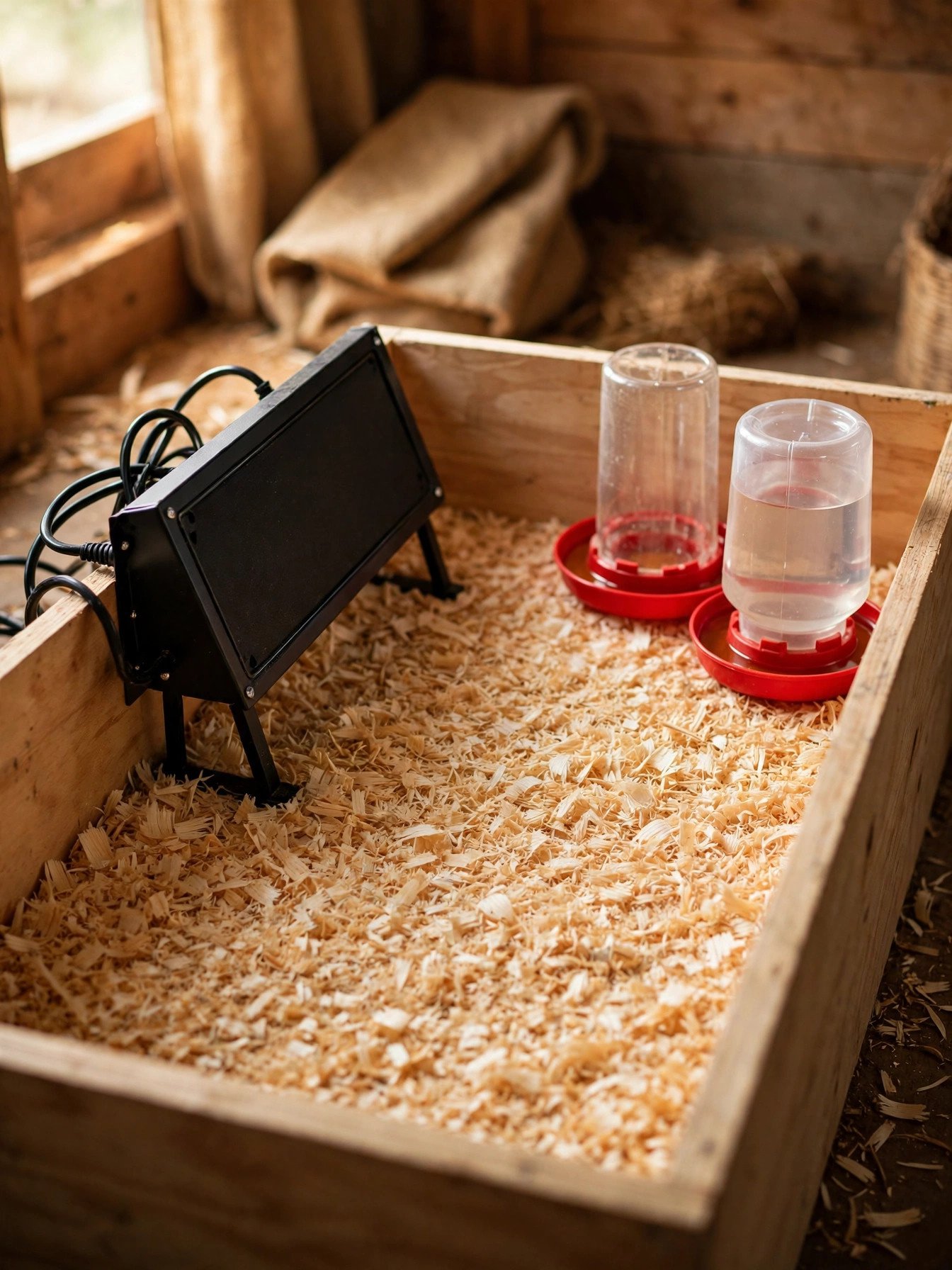 A chick brooder set up with pine shavings, a heat plate and a small feeder, ready for chicks to arrive