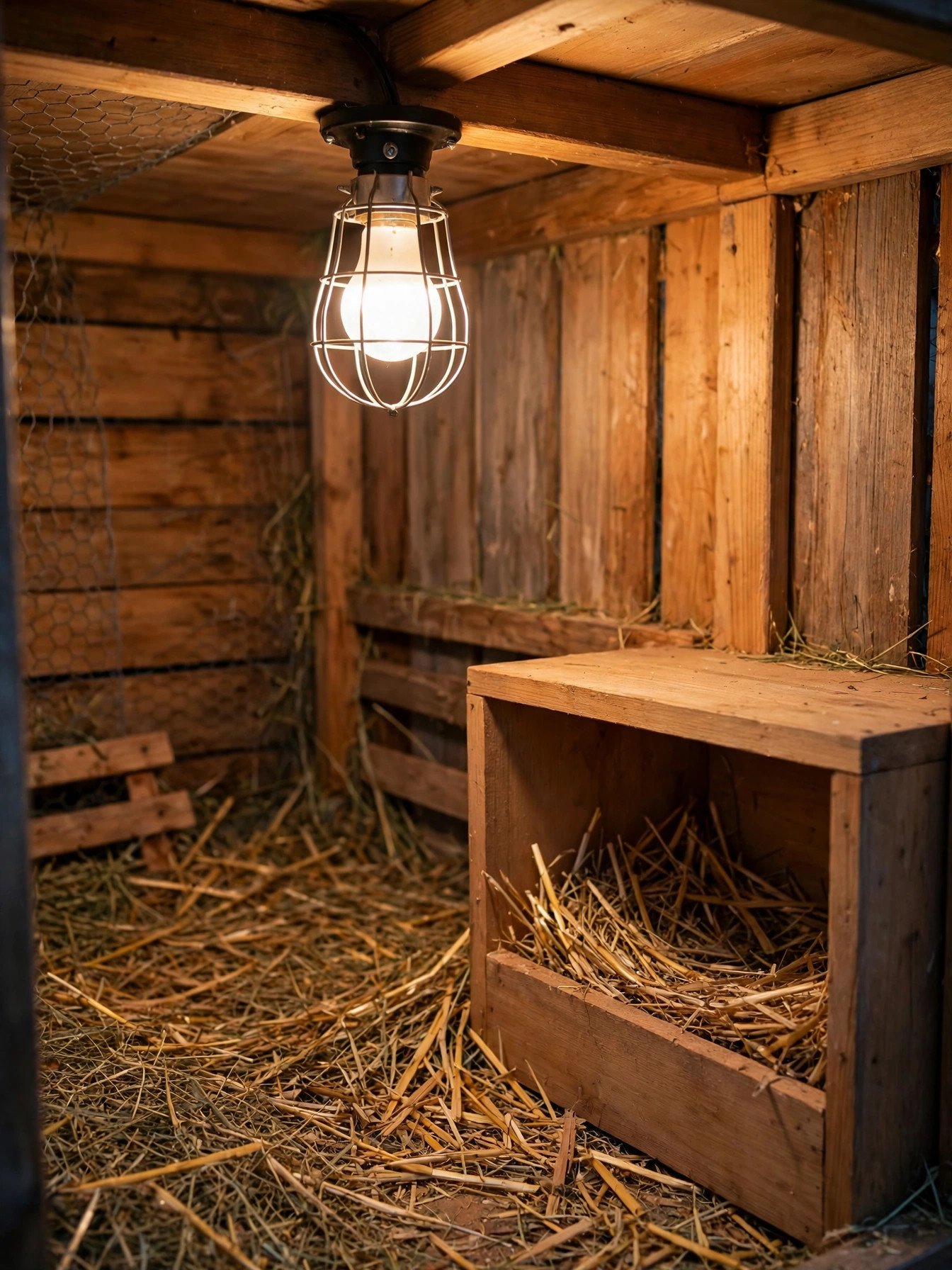 A warm white LED bulb glowing inside a chicken coop, hens settled on the roost below in the soft light