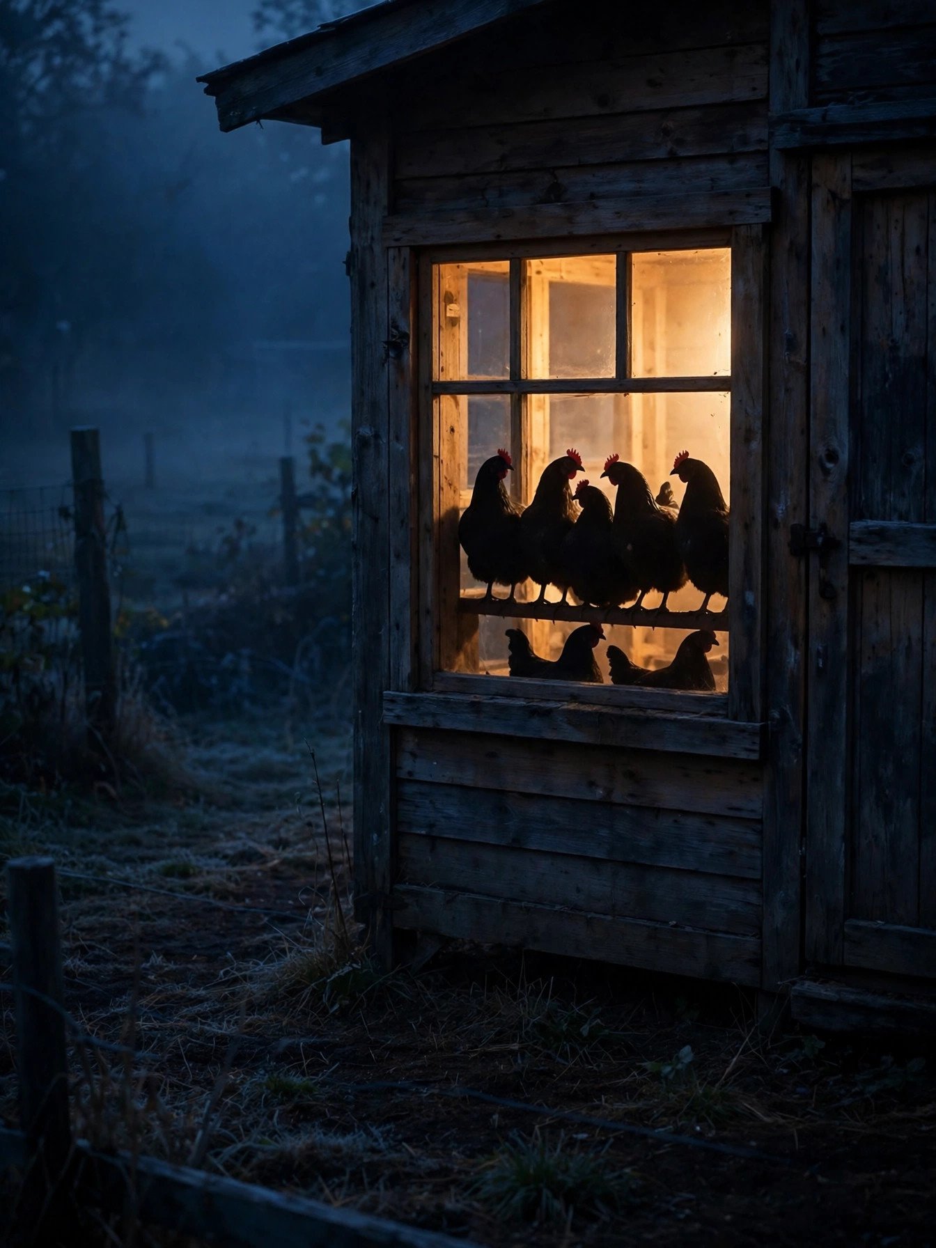 Warm light glowing inside a chicken coop in the early morning before sunrise, hens awake and starting their day