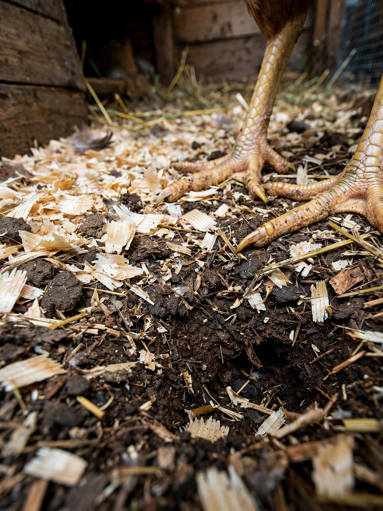 Deep litter bedding built up in layers on a chicken coop floor, dark composted material at the bottom and fresh shavings on top