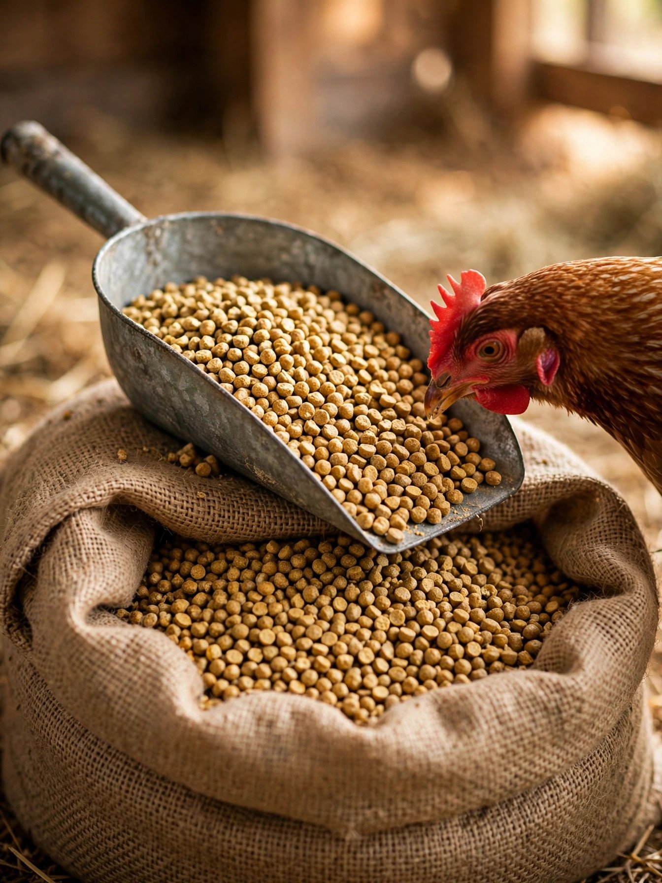 A scoop of layer pellets being poured into a chicken feeder