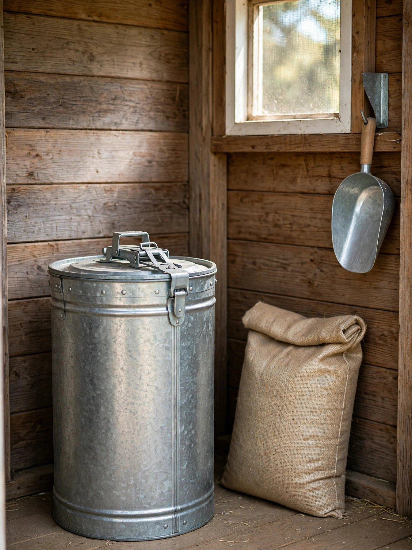 Chicken feed kept fresh in a galvanized metal storage bin