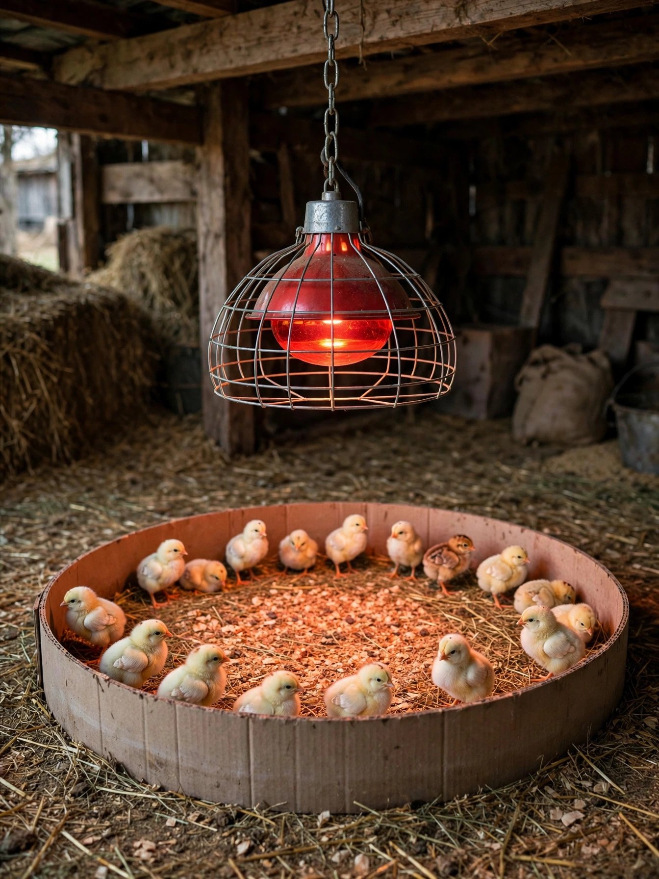 A red heat lamp hanging by a chain over one end of a chick brooder, chicks spread out under its warm circle