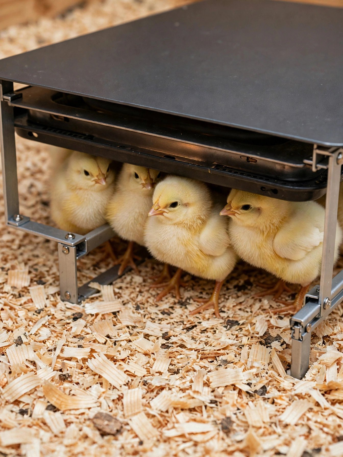 Chicks resting underneath a brooder heat plate with their backs touching the warm underside