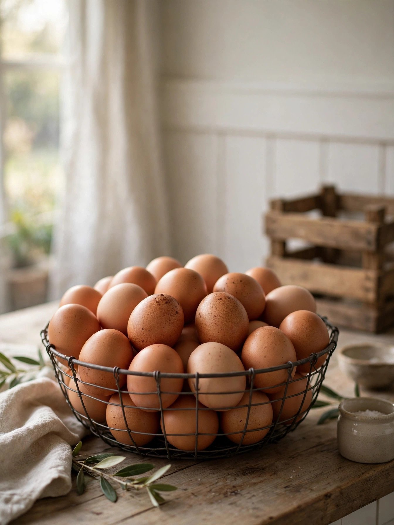 A basket of fresh brown eggs collected from a small backyard flock