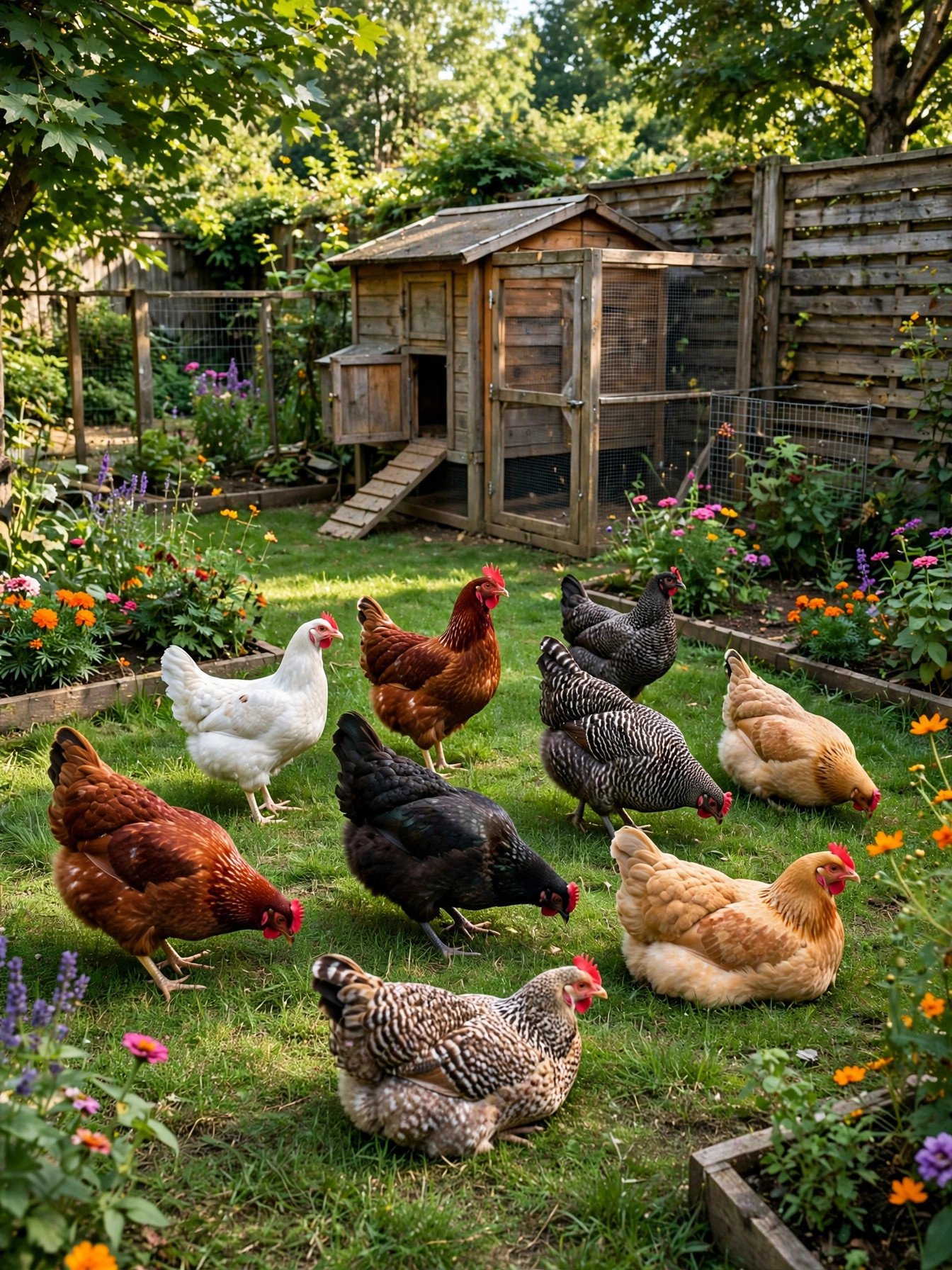 A small happy flock of hens ranging together in a backyard