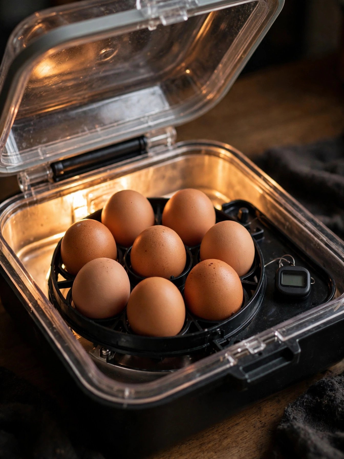 Fertile eggs resting inside a tabletop incubator, ready for setting