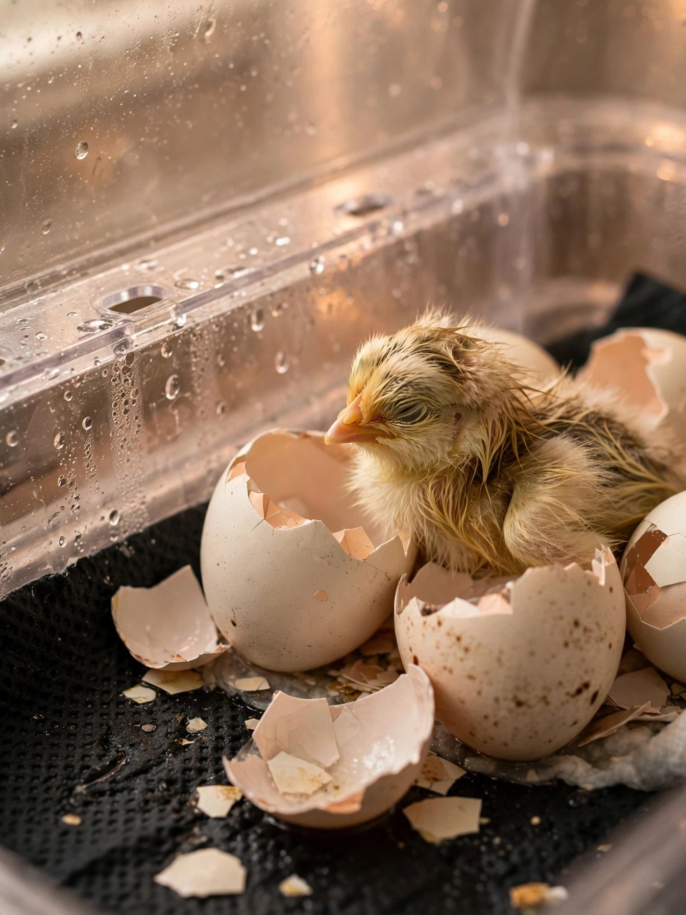 A newly hatched chick drying off inside an incubator next to its shell