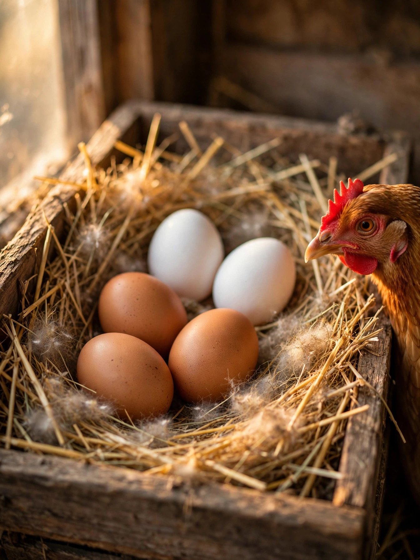 Fresh brown eggs resting in straw inside a wooden nesting box