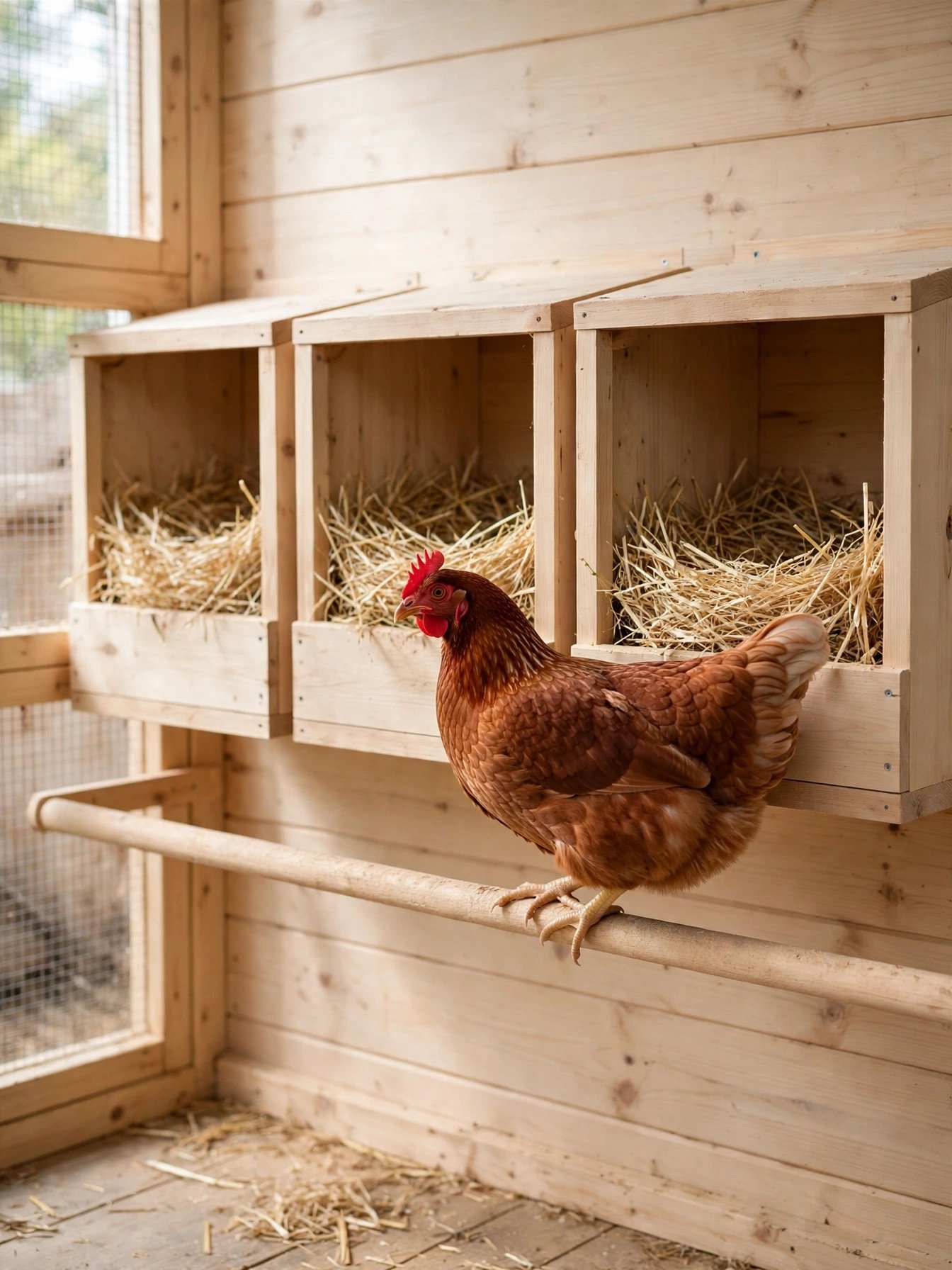 A row of clean wooden nesting boxes with straw inside a chicken coop