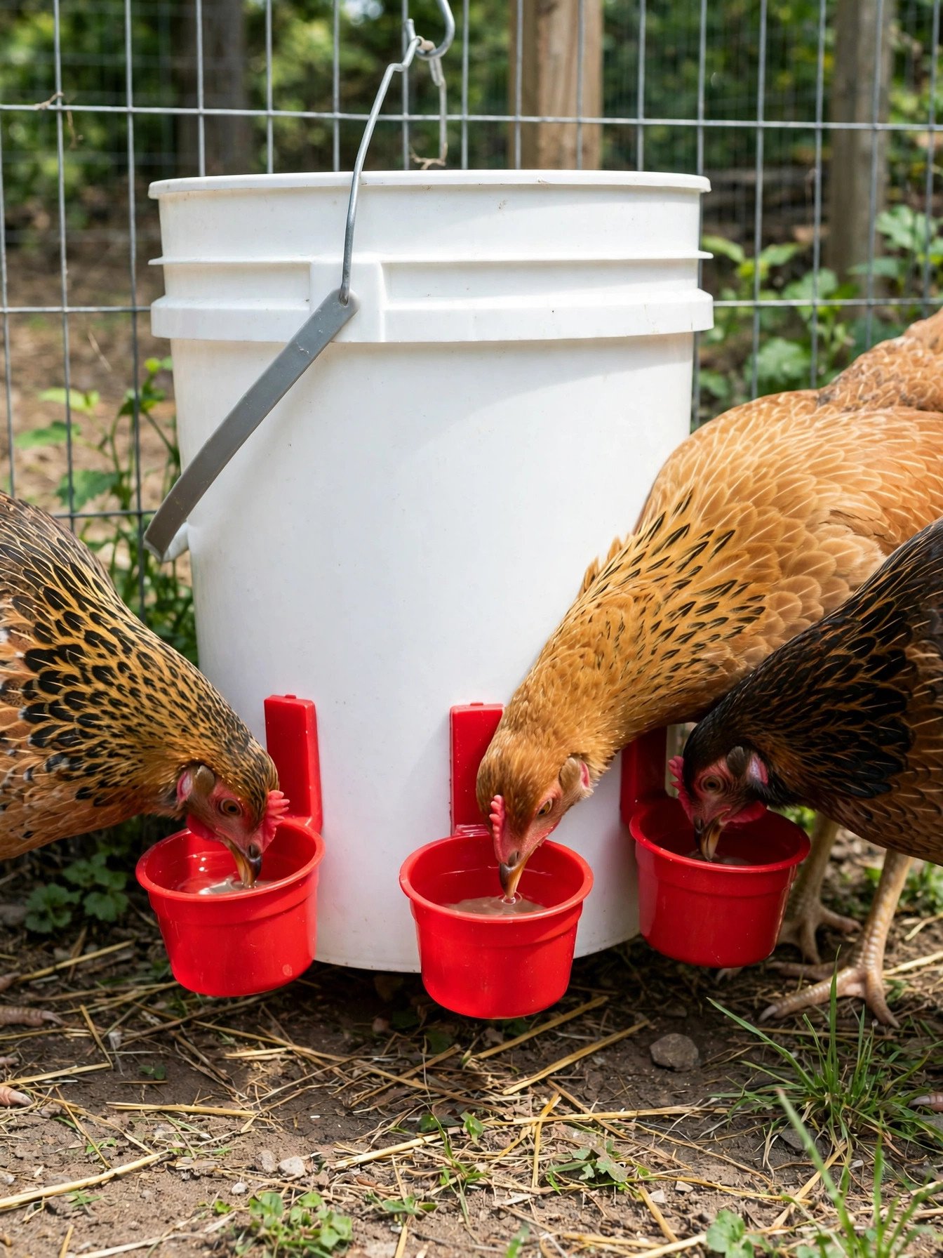 Hens drinking from auto fill cups mounted on the side of a poultry waterer