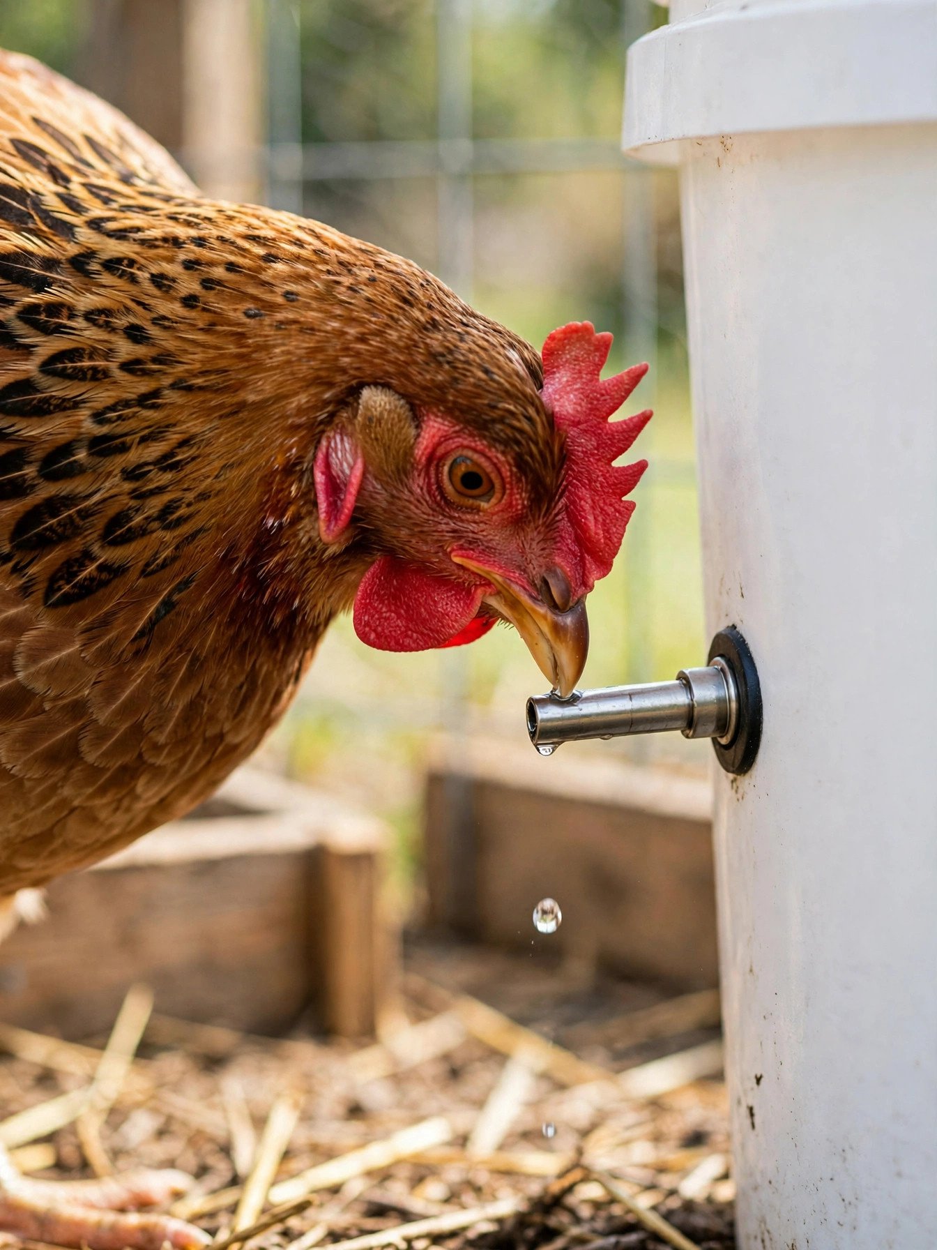 Hens drinking from horizontal nipples mounted on the side of a bucket waterer