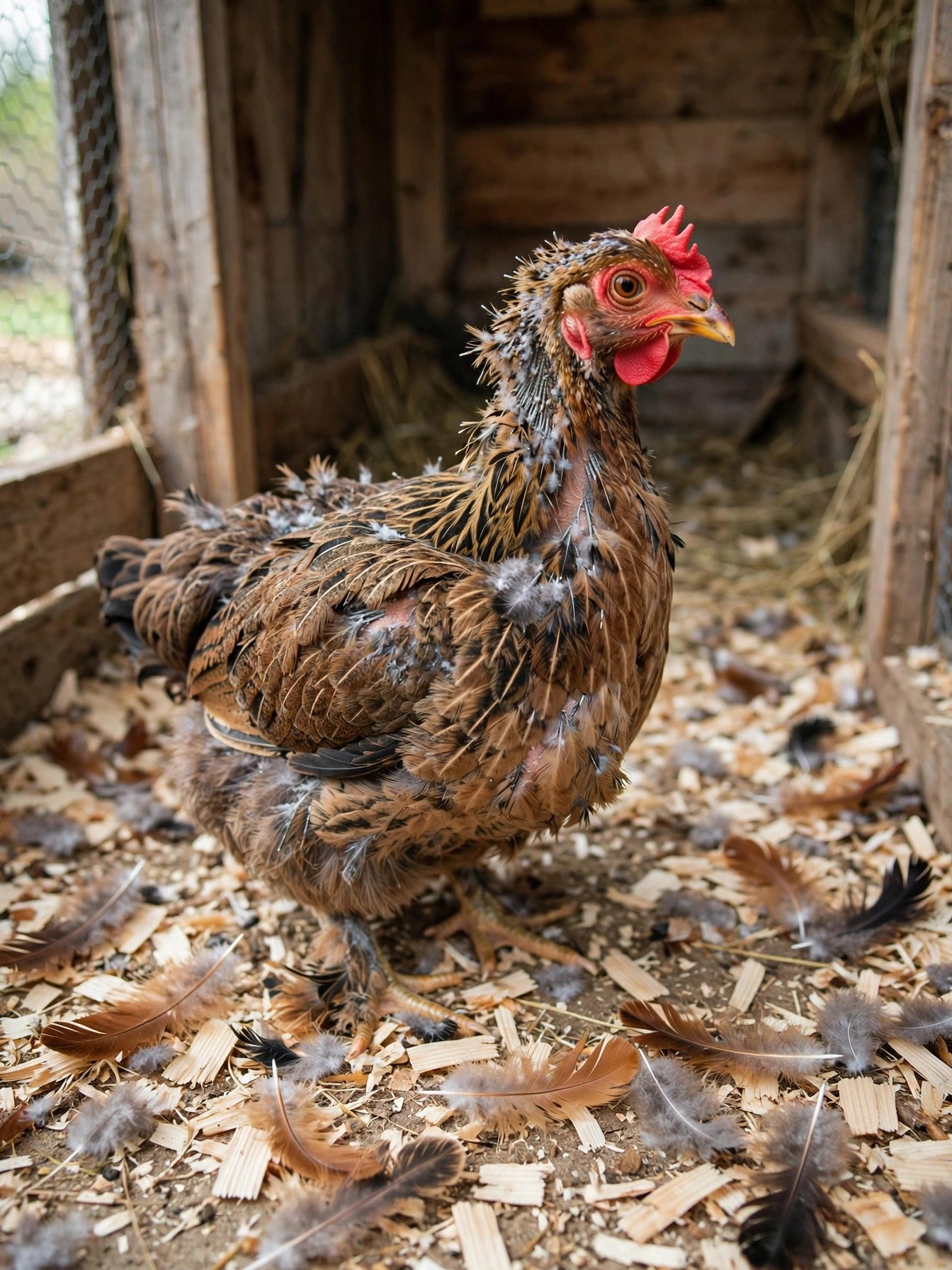 A hen in the middle of a molt with patchy feathers and loose feathers scattered on the ground