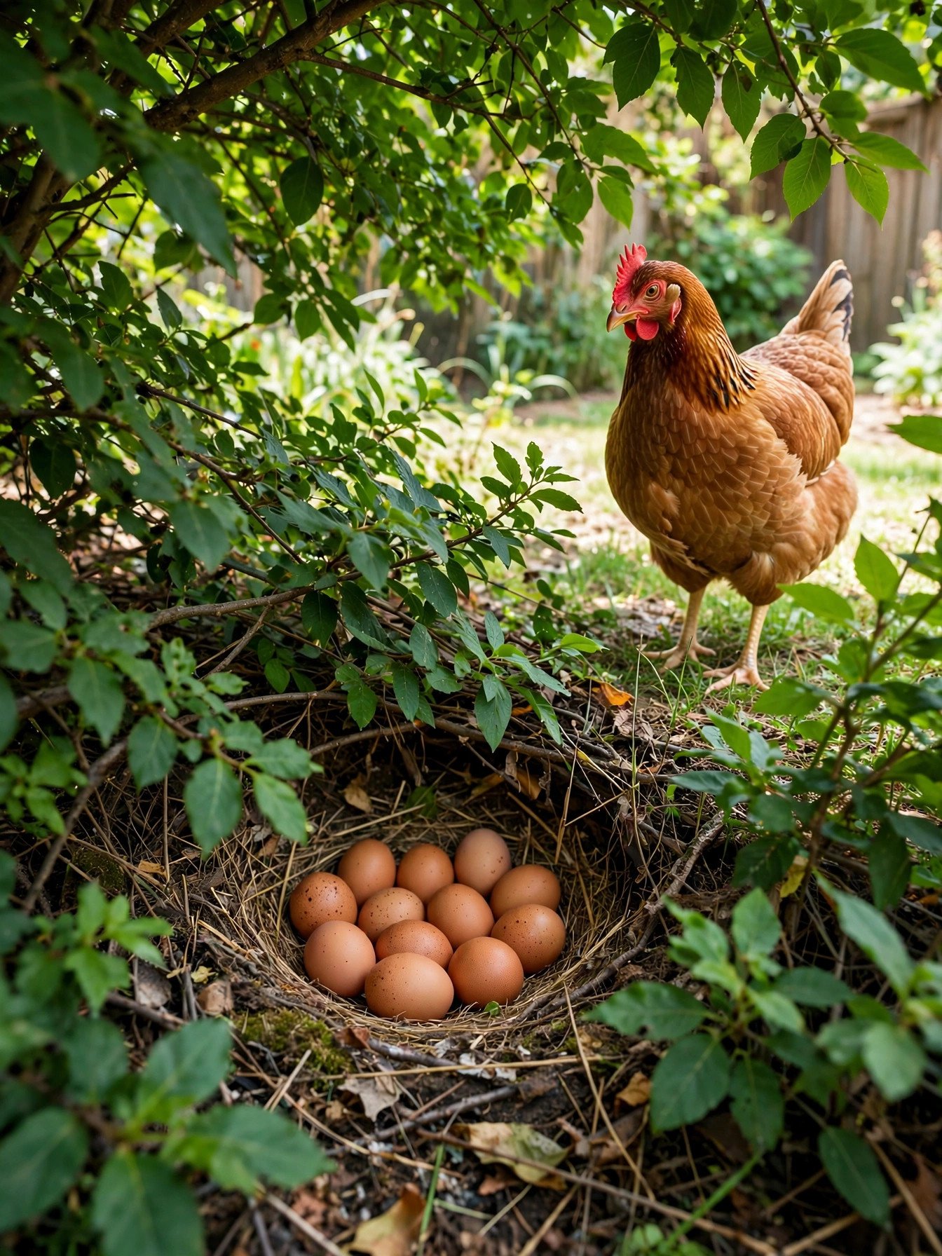 A hidden nest full of eggs tucked under a bush where a hen has been laying in secret