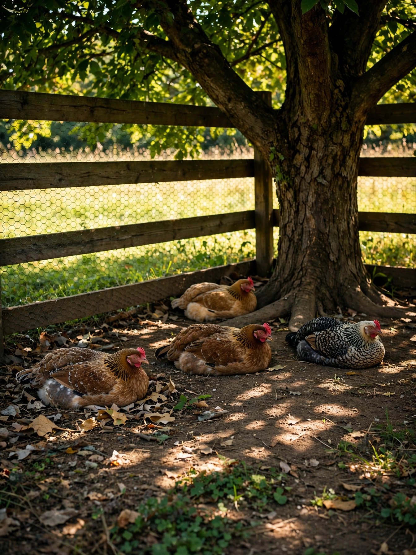 Hens resting in cool afternoon shade beside their coop on a summer day