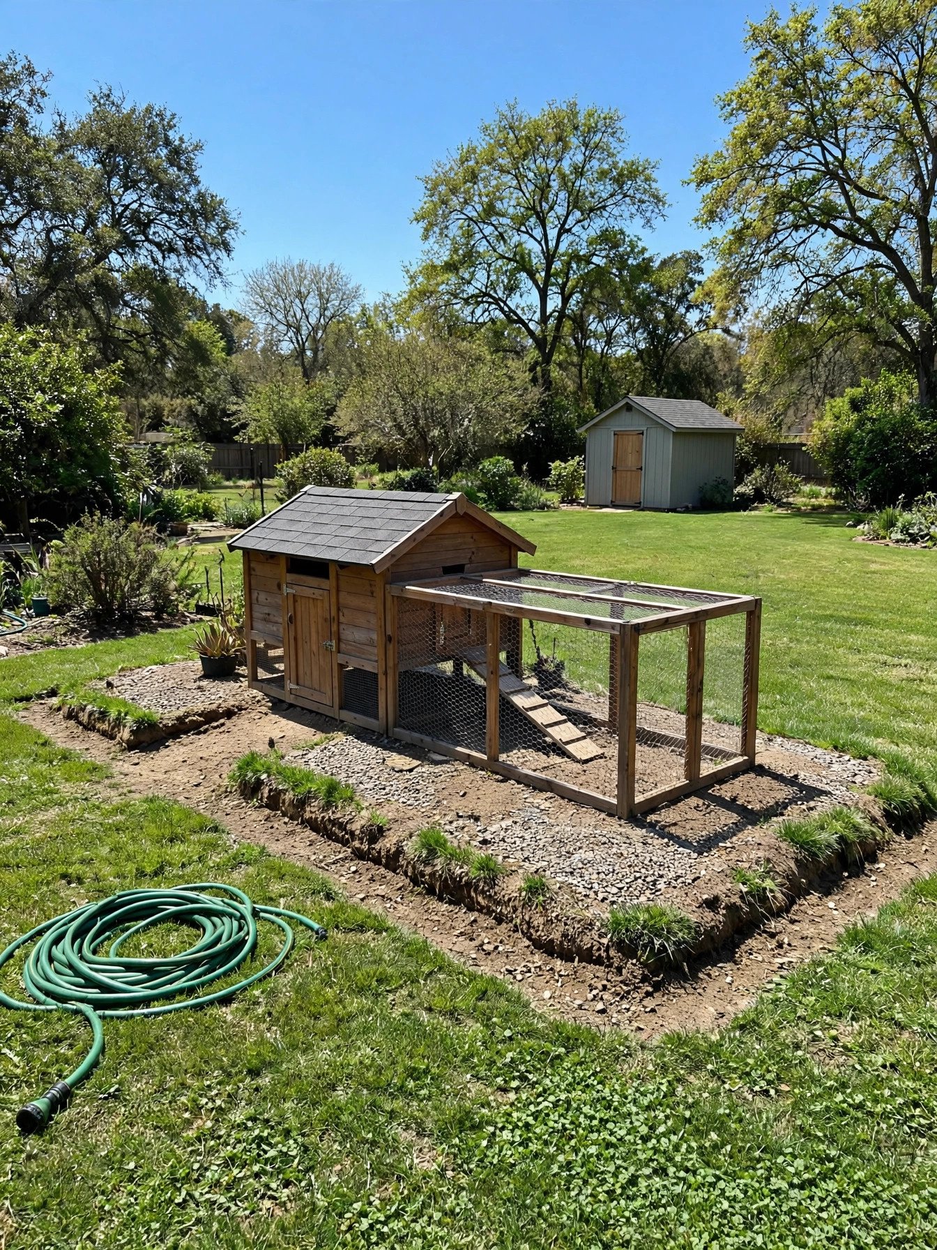 A chicken coop placed on high dry ground in a backyard with morning sun and afternoon shade from a tree