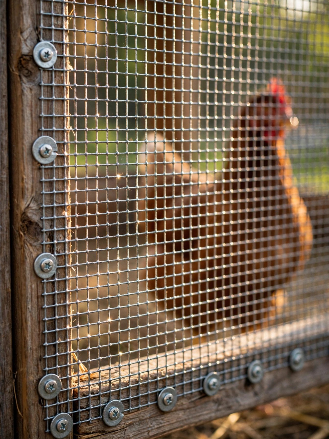 Half inch galvanized hardware cloth fixed over a chicken coop window and run
