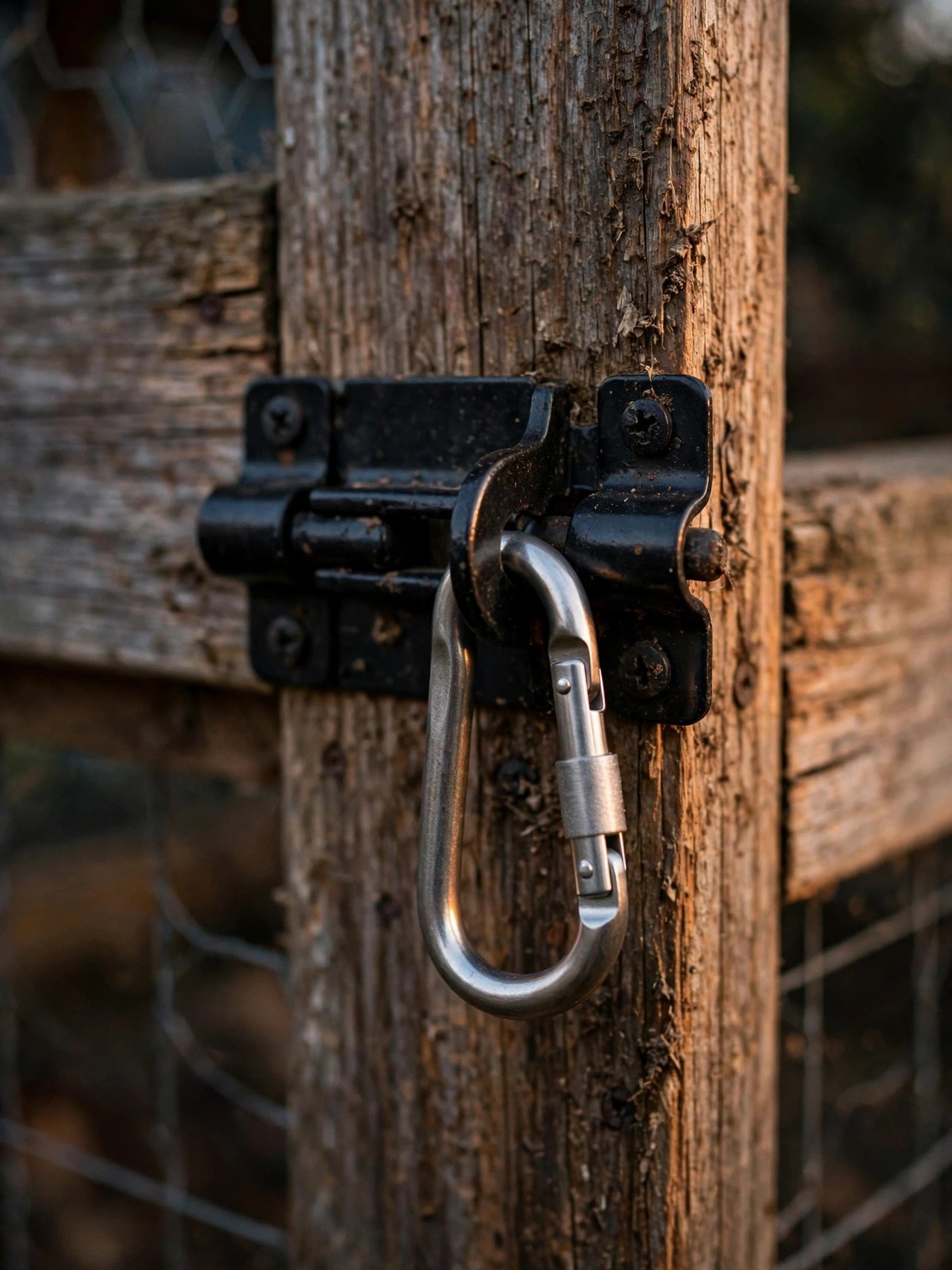 Barrel bolt latch backed up with a carabiner clip on a chicken coop door to stop raccoons