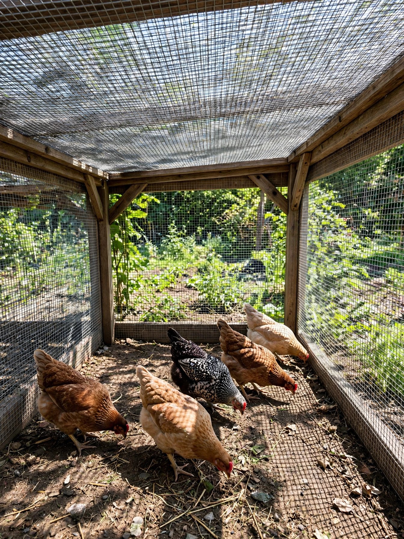 Hens safe inside a chicken run with a covered top that stops hawks and owls