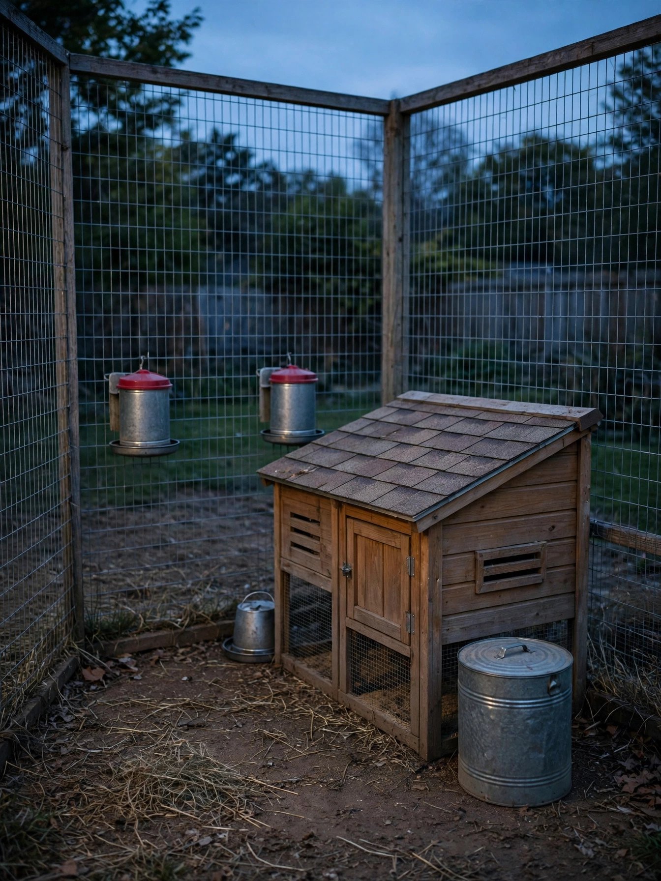 A chicken coop and run at dusk with the feeder closed and hens gone in to roost