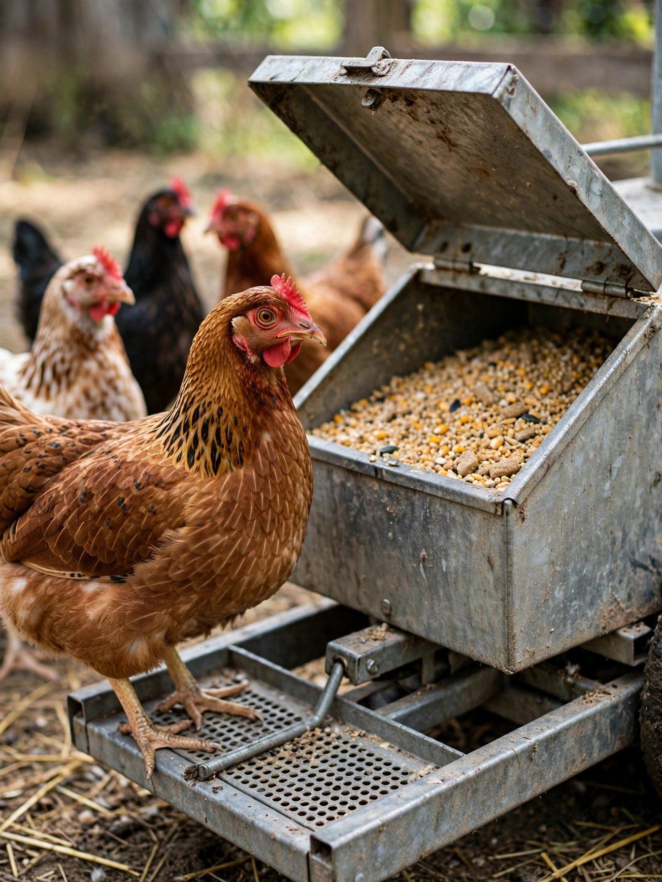 Galvanized steel treadle chicken feeder with its lid closed and the treadle plate in front