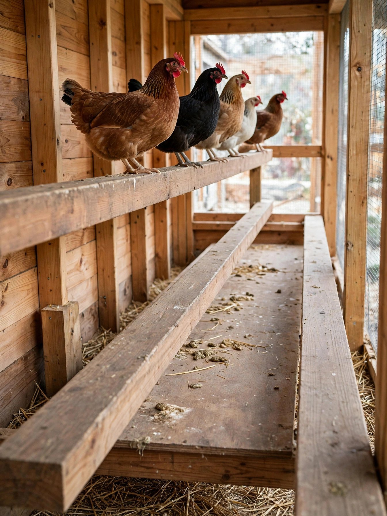 Hens sleeping flat-footed on a wide 2x4 roost bar with the flat side facing up