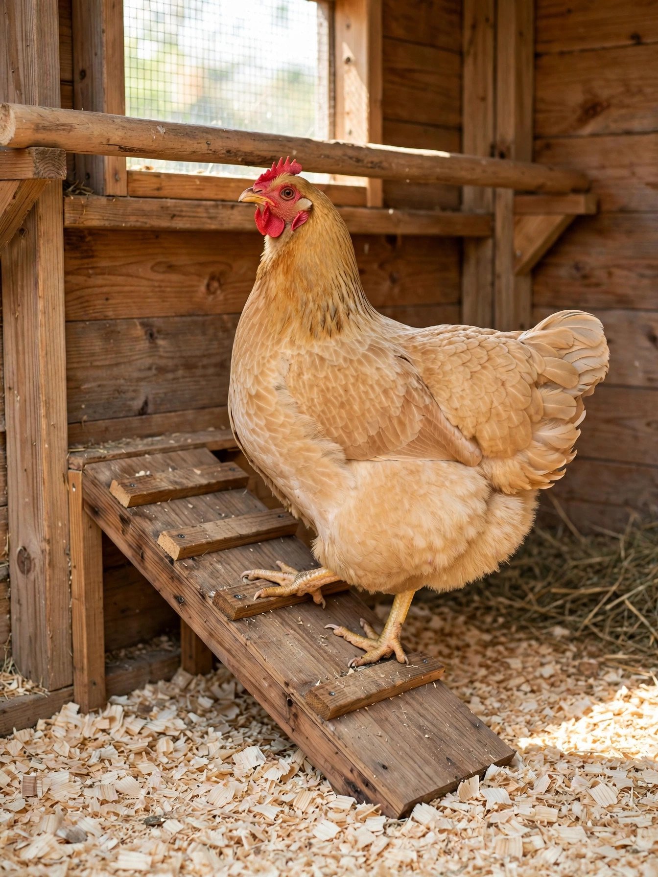 Stepped roost bars at different heights inside a chicken coop with a low ramp for heavy hens