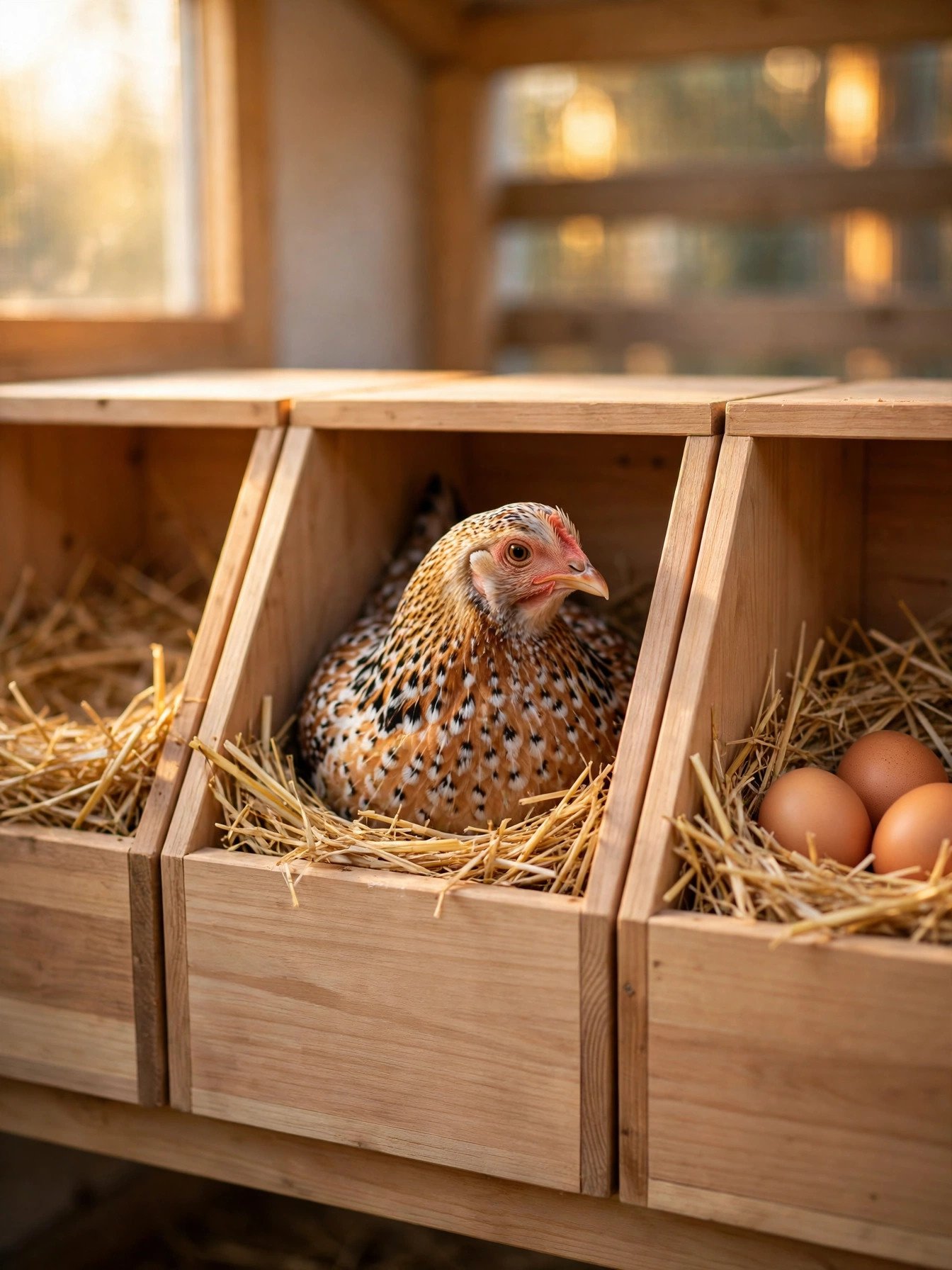 Wooden nesting boxes with straw, a hen sitting in one box and fresh eggs in the next