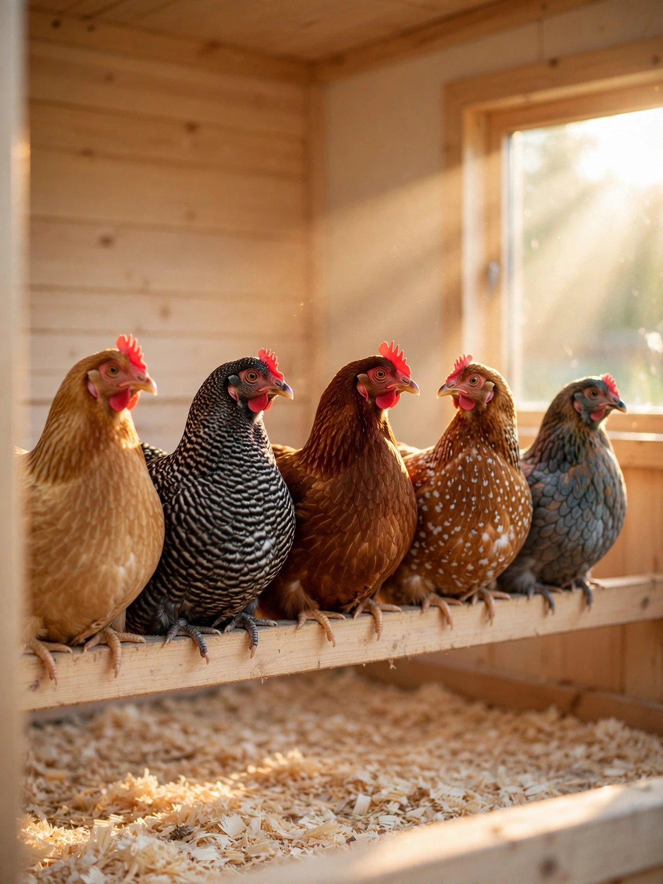 Hens perched side by side on a wide wooden roost bar inside a coop