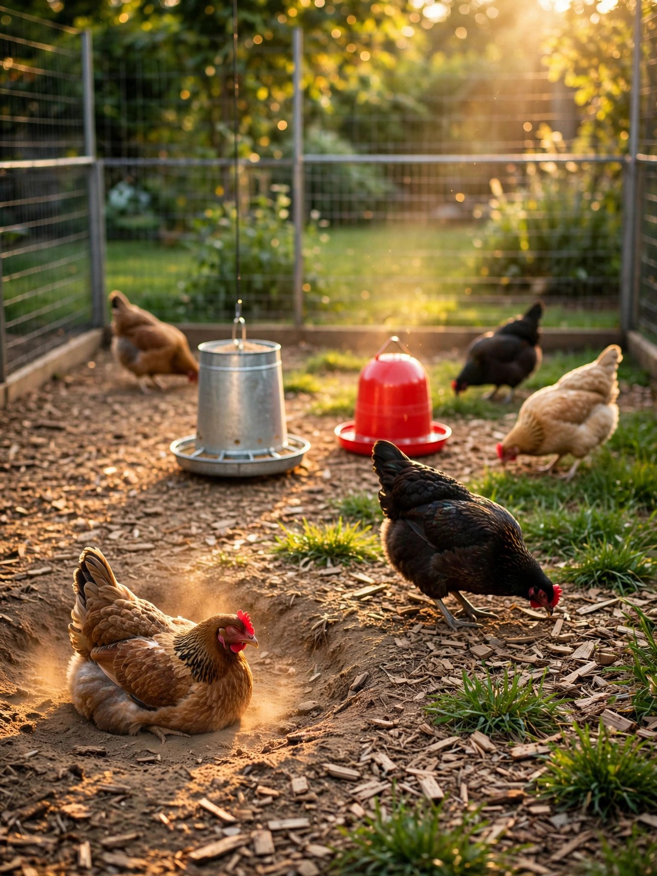 Hens spread out with plenty of room inside a fenced chicken run